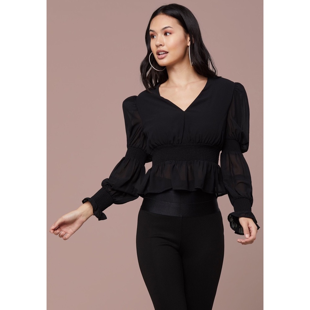 Bebe Paola Puff Sleeve Blouse Top Black